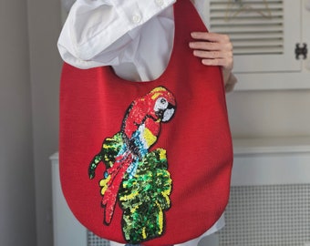 Red Slouchy Bag, Cute Tote Bag, Parrot Tote Purse, Sling Bag, Valentine’s Day Gifts, Animal Figure Shoulder Purse, Hippie Hobo Bag