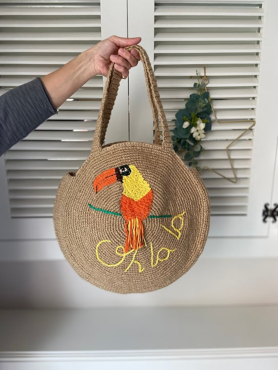 Jute Rope Bag, Parrot Crochet Bag, Round Tote Bag, Animal Figured