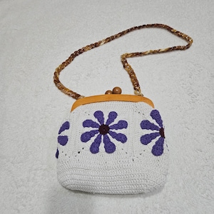 Granny Square Bag, Daisy Crochet Bag, Sunflower Crochet Tote Bag with Wooden Handle, Colorful Boho Bag Gift For Her, Knitted Shoulder Bag