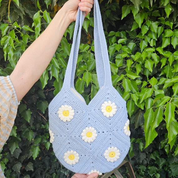 Crochet Daisy Bag, Handmade Blue Granny Square Boho Purse - Etsy display picture 1