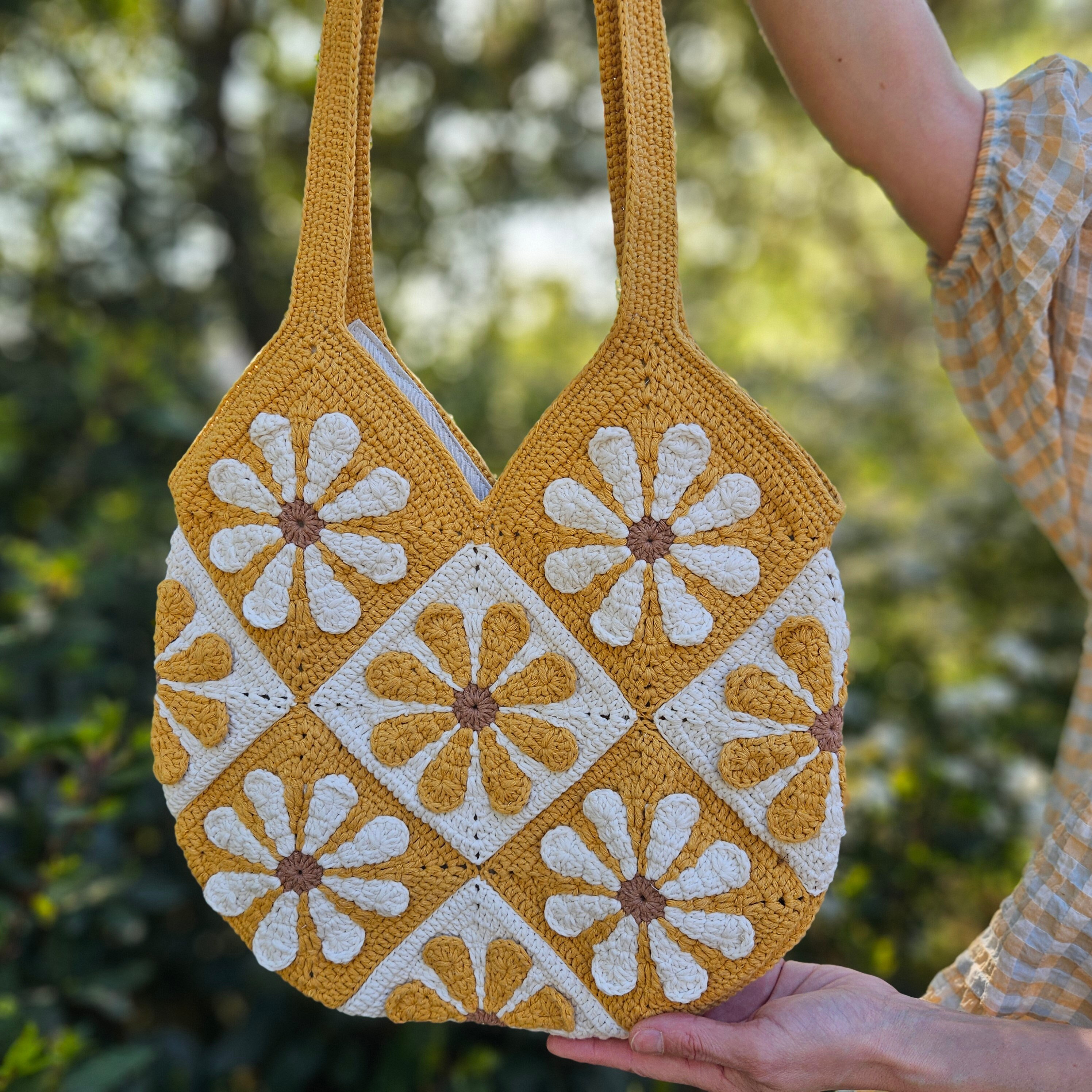 Crochet Daisy Bag, Granny Square Bag, Mustard Afghan Bag, Flower Tote Bag, Retro Shoulder Bag, Hobo Bag, Fashion Gift Tote, Crochet Boho Bag