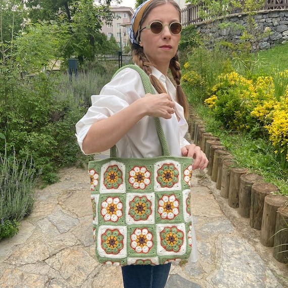 Green Crochet Bag, Granny Square Bag, Crochet Purse, Crochet Tote