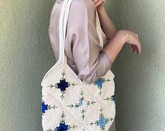 Sac marguerite au crochet, sac carré grand-mère  Sac d'été beige, sac fourre-tout à fleurs au crochet