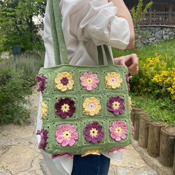 Handmade Crochet Tote Bag, Colorful Daisy Design, Boho 