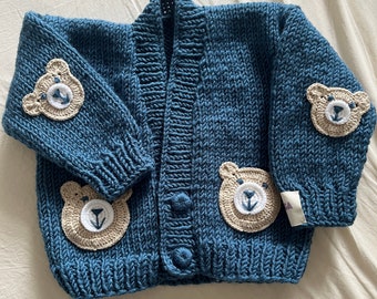 Hand Knitted Chunky Cardigan with Bear for kids,knitted sweater,Personalized children Bear Jacket,Toddler Birthday Gift,blue gift