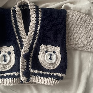 Bear Cardigan for kids,Hand knit sweater for kids , Varsity Chunky Cardigan , Knitted sweater , Personalized jacket , Toddler Birthday Gift