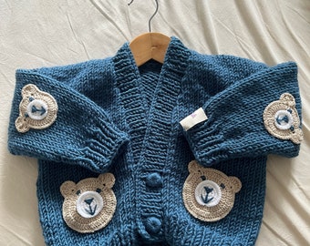 Hand Knitted Chunky Cardigan with Bear for kids,knitted sweater,Personalized children Bear Jacket,Toddler Birthday Gift,blue gift