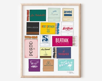 Chicago Restaurant Matchbook Print, Colorful Wall Art, Chicago Matches Poster, Matches Gallery Graphic Print