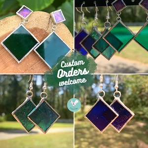 Emerald and Cobalt Stained Glass Earrings | Suncatcher | Light weight | Unique