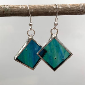 Blue Green Square Stained Glass Earrings