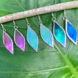 Iridescent Stained Glass Leaf Shaped Earrings | Sun Catcher | Real Glass