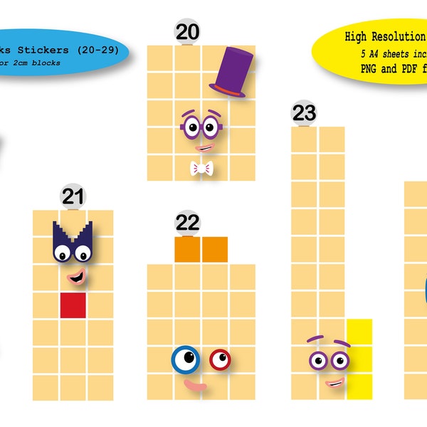 Numberblocks Stickers 20-29 (Including Numberlings) PDF / PNG Instant Download