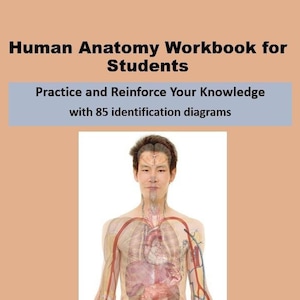 May include: A color illustration of the human anatomy, showing the internal organs and circulatory system. The image is titled "Human Anatomy Workbook for Students" and includes the text "Practice and Reinforce Your Knowledge with 85 identification diagrams".