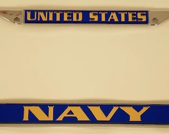 US NAVY Veteran Metal Chrome License Plate Frame Blue Yellow " Made in USA " US NAVY Veteran Metal Chrome License Plate Frame Blue Yellow " Made in USA "