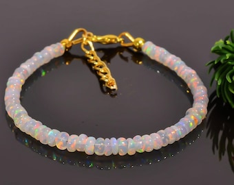 Natural Ethiopian White Opal Bracelet, Beaded Bracelet, Natural White Fire Opal Bracelet, Gemstone Bracelet, 925 Sterling Silver Bracelet.