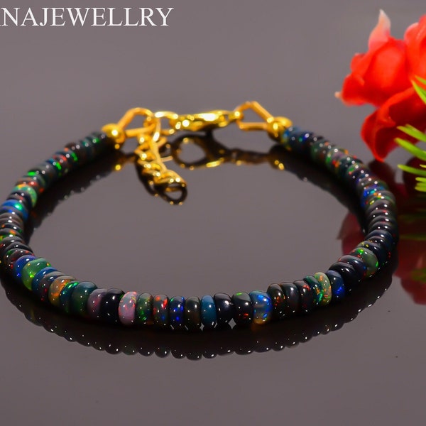 Ethiopian Opal Black  Fire Opal Bracelet,  Black Fire Opal Bracelet, Beaded Bracelet, Gemstone Bracelet, 925 Sterling Silver Bracelet.