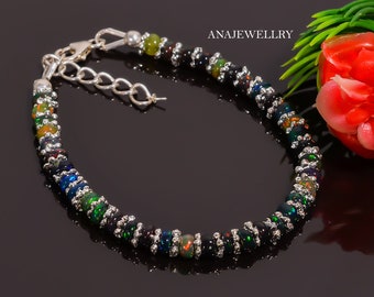 Pulsera de ópalo negro etíope, pulsera de cuentas, pulsera de ópalo de fuego negro, pulsera de piedras preciosas, pulsera de plata de ley 925. Regalo para mamá y hermana.