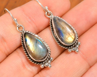 Labradorite Earring . Dangle labradorite earrings. Drop earrings. 925  Sterling silver . Dainty long earrings Woman Jewelry.