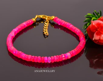 Ethiopian Pink Opal Bracelet, Beaded Bracelet, Pink Fire Opal Bracelet, Gemstone Bracelet, 925 Sterling Silver Bracelet.