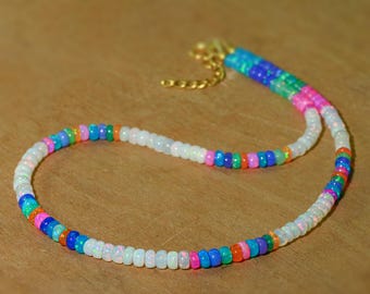 Genuine Multi Opal Beaded Necklace, Multi fire Ethiopian Opal Beads Dainty Necklace, opal Necklace 925 sterling silver gift for her roundel