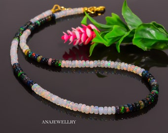 Natural Black & White Ethiopian Opal Beaded Necklace, Dainty Necklace, Handmade Opal Necklace AAA+ grade Necklace Fire Opal Jewelry.