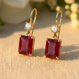 Elegant Ruby Earrings Yellow Gold Filled Earrings  Rectangle Dangle Red Gemstone Jewelry Minimalist Style Gift for Her Everyday Wear Wedding