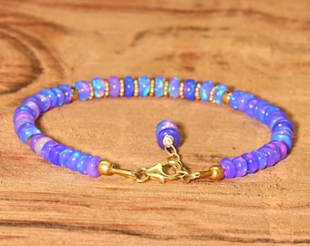 Pulsera de cuentas de ópalo de fuego etíope de lavanda lisa, pulsera hecha a mano, pulsera delicada, pulsera de ópalo, pulsera de plata de ley 925