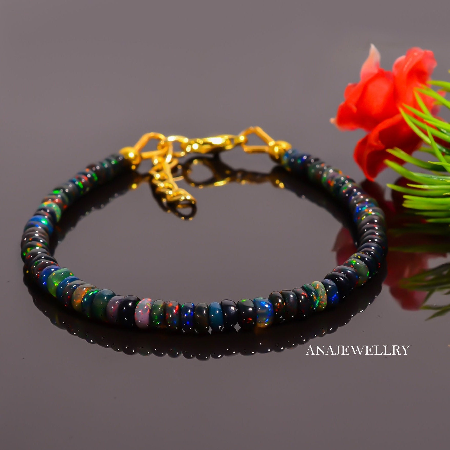 Ethiopian Opal Black  Fire Opal Bracelet,  Black Fire Opal Bracelet, Beaded Bracelet, Gemstone Bracelet, 925 Sterling Silver Bracelet.