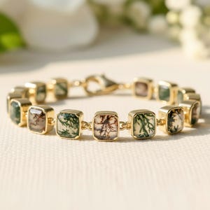 Pulsera de tenis de ágata musgosa con corte cojín / Pulsera de tenis con piedras preciosas hecha a mano / Joyería minimalista