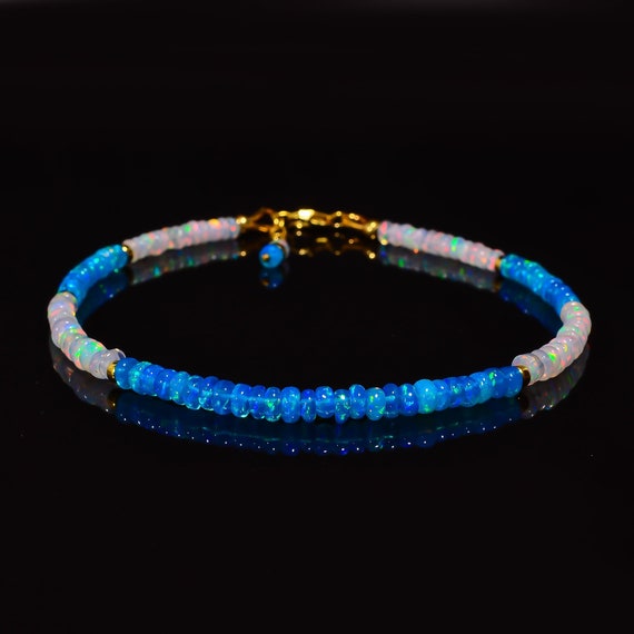 Natural Paraiba & White Smooth Opal Beaded Bracelet, Handmade Gemstone Bracelet, Dainty Bracelet, Opal Bracelet 925 Sterling Silver Bracelet