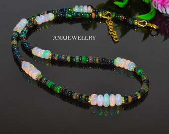 Natural  Ethiopian Black  Opal, AAA+ Ethiopian White Opal Beaded Necklace, Rondelle Beads 925 Sterling Silver Necklace, Fire Opal Jewelry.