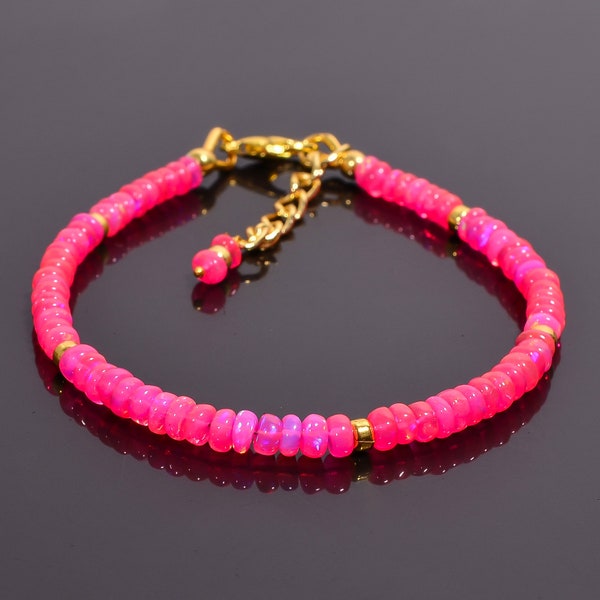 Smooth Ethiopian Pink Opal Beaded Bracelet, Gemstone Bracelet, Dainty Bracelet, Handmade Fire Opal Bracelet, 925 Sterling Silver Bracelet.