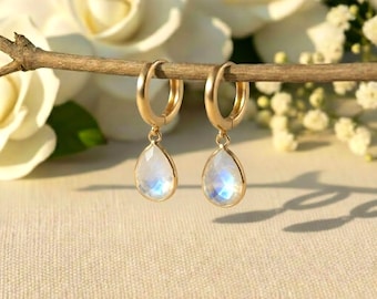 Rainbow Moonstone Blue Flash Drop Earrings Gold Hoop | Teardrop Moonstone Dangle Earrings | Minimalist Gemstone Jewelry