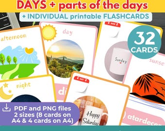 SPANISH Days of the week flashcards | Spanish English Educational Printable flashcards Classroom material Preschool Kindergarten Montessori
