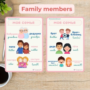 K&ouml;nnte beinhalten: Eine rosa und wei&szlig;e illustrierte Tabelle mit den Worten "Meine Familie" auf Russisch. Die Tabelle zeigt Illustrationen von Familienmitgliedern mit ihren Namen auf Russisch und Englisch. Zu den Familienmitgliedern geh&ouml;ren: Oma, Opa, Vater, Mutter, Schwester, Zwillingsschwester, Bruder, Zwillingsbruder, Onkel und Tante.