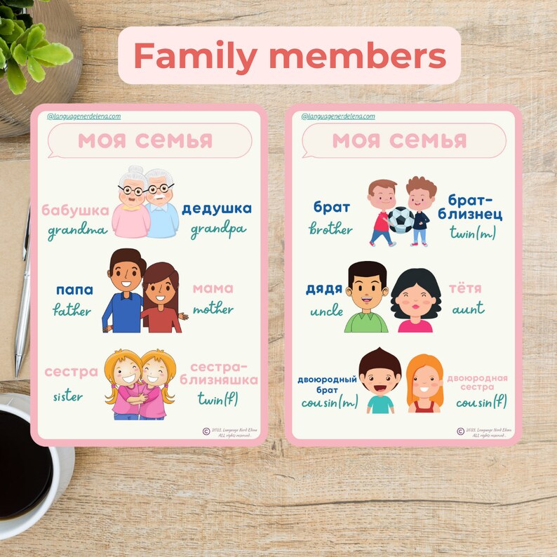 K&ouml;nnte beinhalten: Eine rosa und wei&szlig;e illustrierte Tabelle mit den Worten "Meine Familie" auf Russisch. Die Tabelle zeigt Illustrationen von Familienmitgliedern mit ihren Namen auf Russisch und Englisch. Zu den Familienmitgliedern geh&ouml;ren: Oma, Opa, Vater, Mutter, Schwester, Zwillingsschwester, Bruder, Zwillingsbruder, Onkel und Tante.