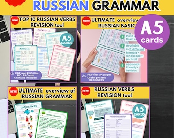RUSSIAN English Pdf BASICS OVERVIEW bundle A5 flashcards Learn Russian Overview Russian Educational Printable Flashcards Russian language