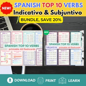 Conjugating SPANISH verbs Grammar BASICS bundle A5 flashcards Spanish 10 common VERBS in Indicativo Subjuntivo Spanish Educational Printable