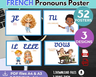French Subject Pronouns Posters: Bilingual Classroom Decor (PDF Download, 52 Pages) Decorate Classroom Word Walls Printable