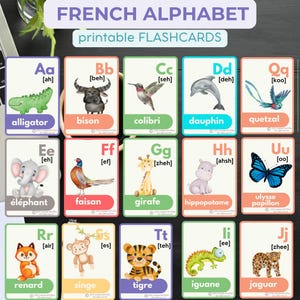 FRENCH ALPHABET flashcards with Watercolour Animals Homeschooling French  Educational Printable flashcards Educational Cards Kids Preschool