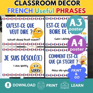 FRENCH CLASSROOM DECOR French Phrases Posters Back to School Bulletin Boards French English Printable Posters Decorate Classroom Bilingual
