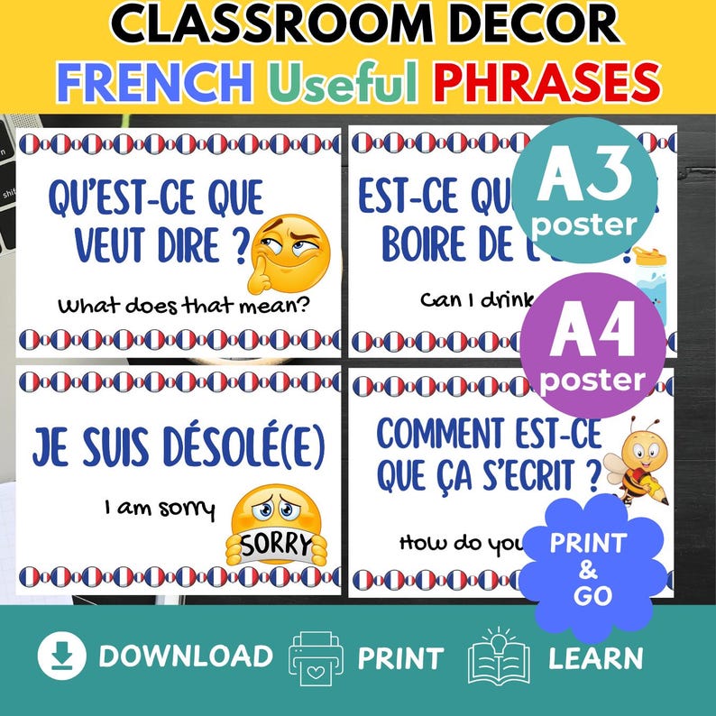 FRENCH CLASSROOM DECOR French Phrases Posters Back to School Bulletin ...
