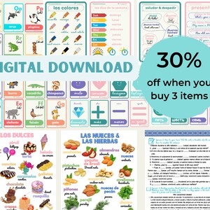 May include: A digital download for Spanish language learning resources. The image features colorful flashcards with illustrations of animals, foods, and objects. The text includes Spanish words and phrases, such as "los colores" (the colors), "los dias de la semana" (the days of the week), and "presentarse" (to introduce oneself). The image also includes a 30% off sale for purchasing three items.