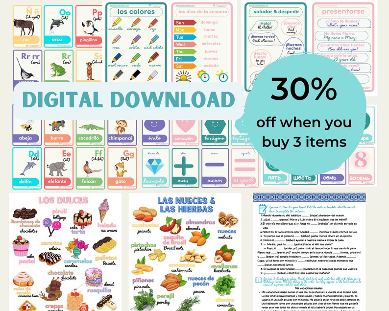 May include: A digital download for Spanish language learning resources. The image features colorful flashcards with illustrations of animals, foods, and objects. The text includes Spanish words and phrases, such as "los colores" (the colors), "los dias de la semana" (the days of the week), and "presentarse" (to introduce oneself). The image also includes a 30% off sale for purchasing three items.