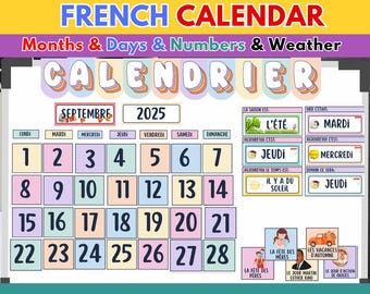 French Classroom Calendar: Pastel Bulletin Board Decor (PDF) Calendrier en français Bulletin Board