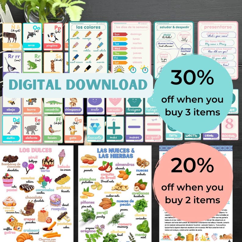 Spanish Vocabulary Flashcards A5 Bundle, Language Learning (digital ...