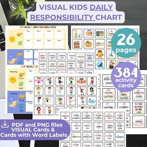 May include: A visual kids daily responsibility chart with 26 pages and 384 activity cards. The chart features a colorful design with a sun and moon, and includes tasks for morning and evening. The activity cards feature various activities such as brushing teeth, getting dressed, doing homework, and playing sports.