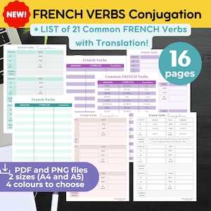 May include: A printable French verb conjugation workbook with 16 pages. The workbook includes a list of common French verbs with their translations and conjugation tables. The workbook is available in PDF and PNG formats, in two sizes (A4 and A5) and four colours.