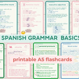 SPAANSE grammatica BASICS bundel A5-flashcards Leer Spaanse grammatica Overzicht Spaanse educatieve afdrukbare flashcards