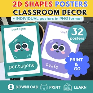 Pode incluir: Pôsteres educativos para decoração de sala de aula com formas 2D. Os pôsteres incluem um pentágono turquesa e um oval roxo, cada um com um rosto e o nome da forma. O texto diz "2D Shapes Posters Classroom Decor".
